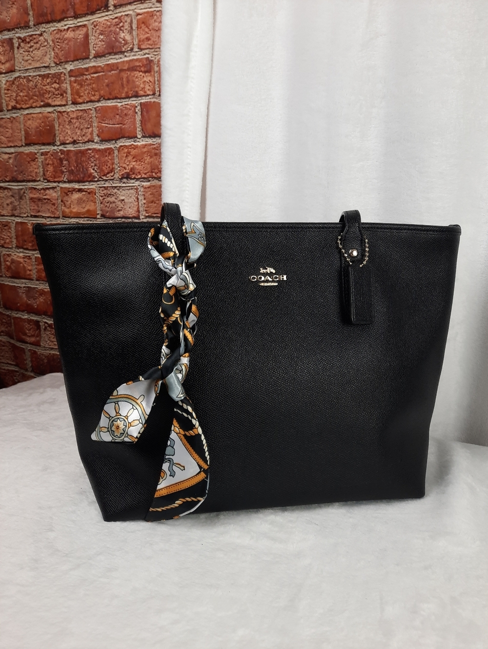 Coach Black Saffiano Leather Tote with Patterned Scarf Accent - Picture 3 of 11